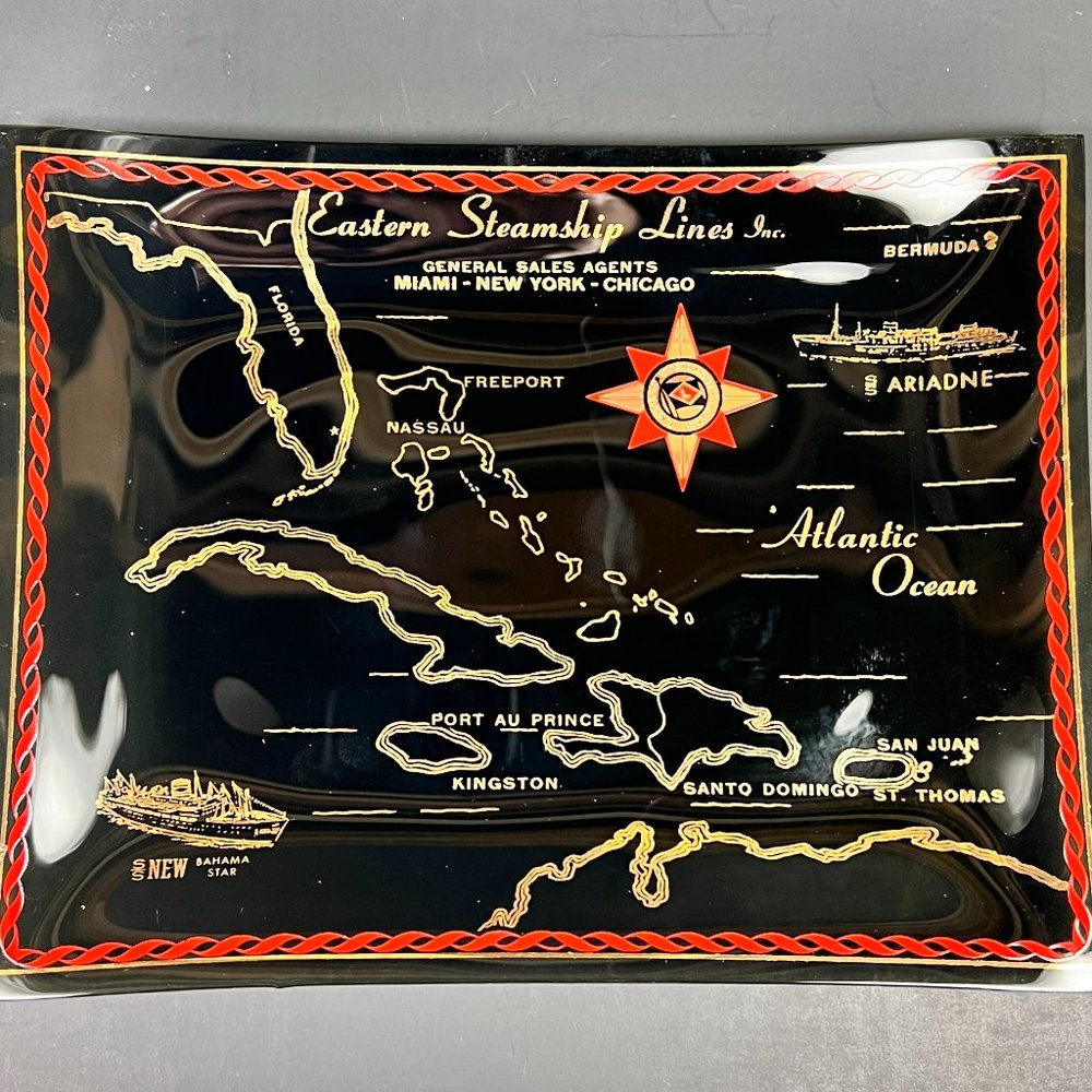 Vtg Eastern Steamship Lines Trinket Candy Tray Glass Bahama Star SS Ariadne